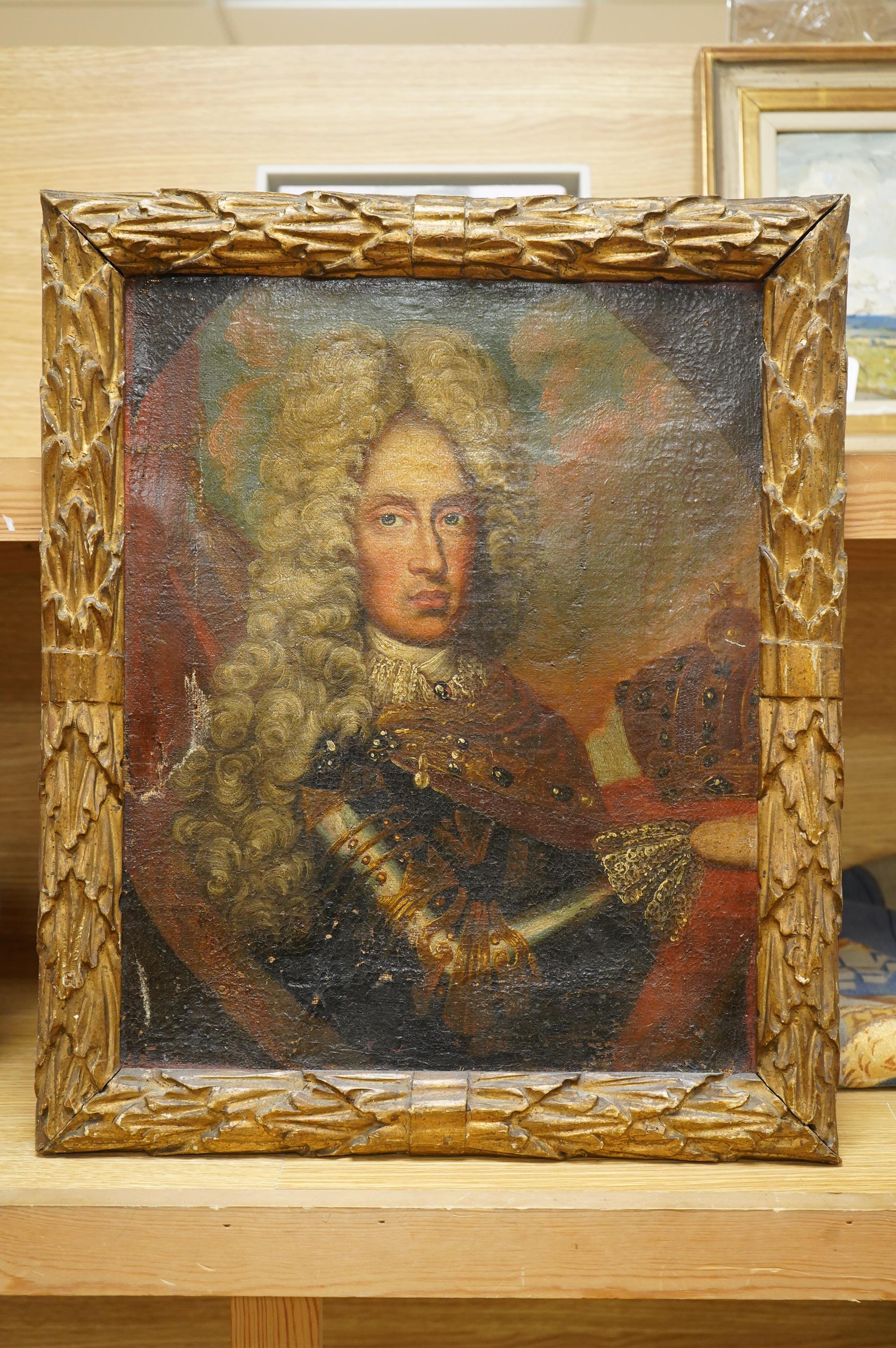 18th century, English School, Portrait of a gentleman wearing armour, feigned oval oil on canvas, 41 x 32cm, gilt framed